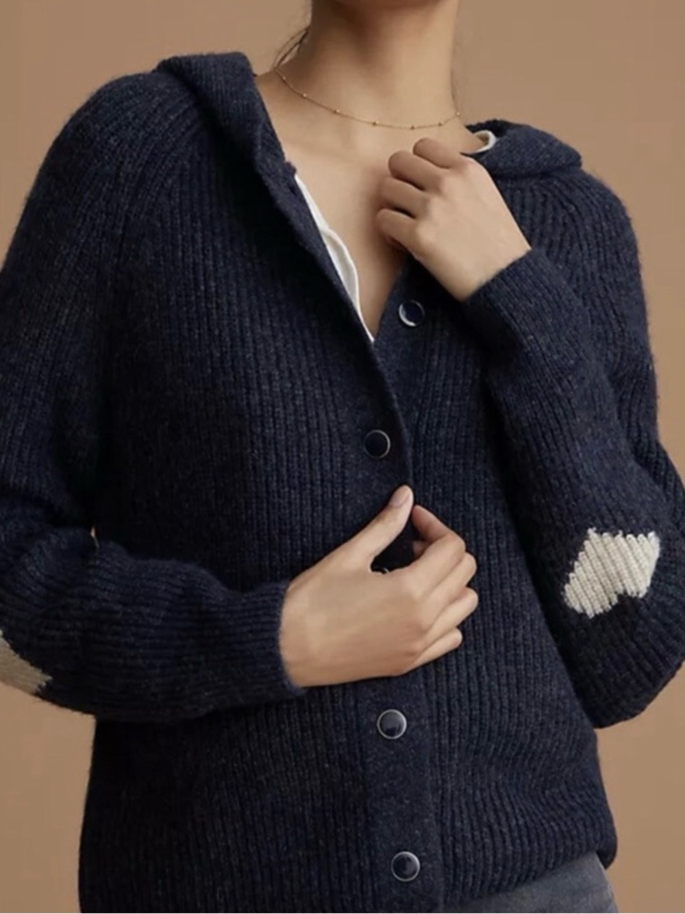 Anthropologie Navy Hooded Cardigan with Cream Heart Elbow Patch 0033